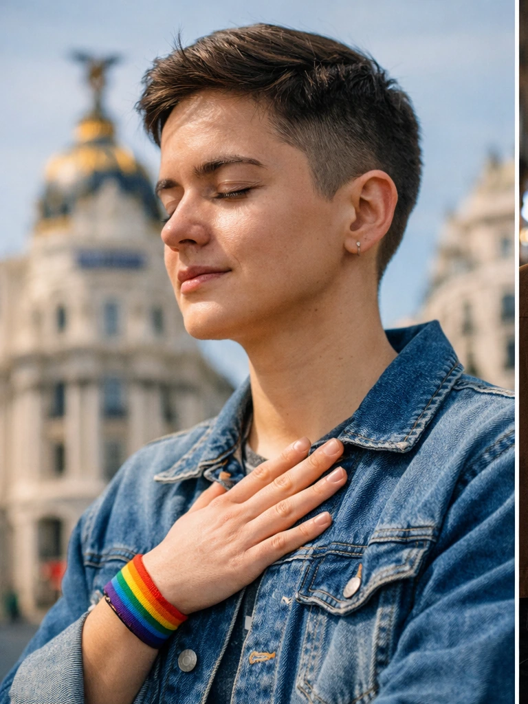 Persona adulta sentada al aire libre respirando con calma, regulando la ansiedad en un entorno urbano.