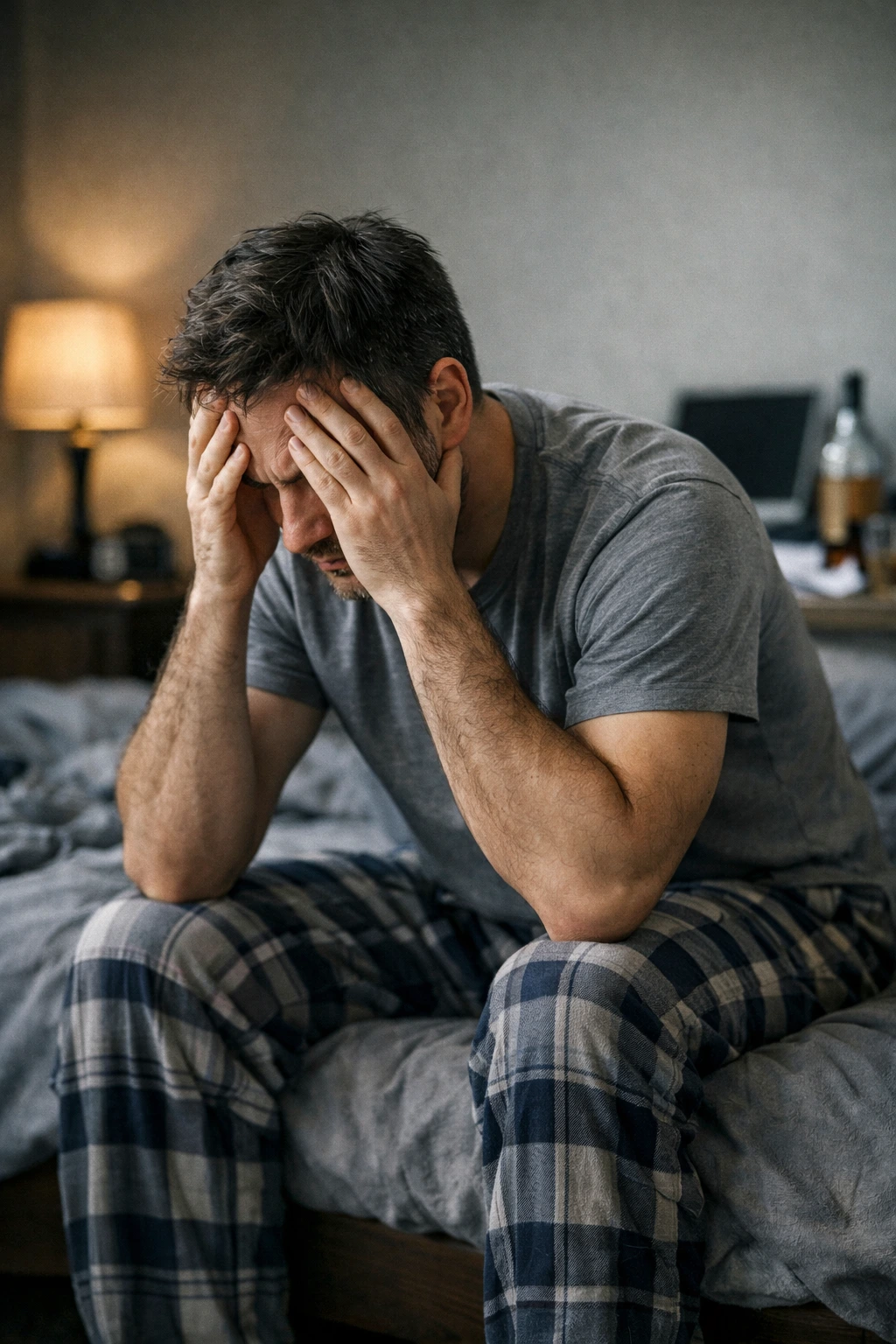 Hombre adulto con malestar emocional, como representación de fragilidad interna y pérdida de cohesión del self