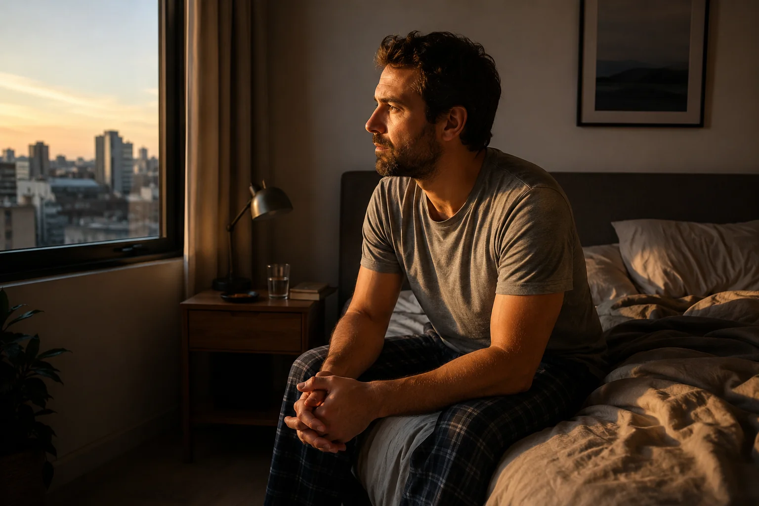Hombre pensativo sentado al borde de la cama al amanecer con la luz entrando por la ventana