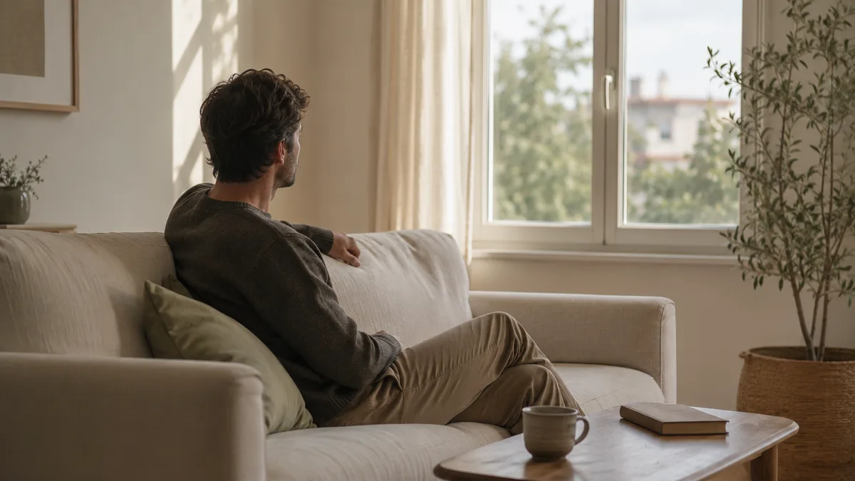 Psicologo lgtbi en Chamberí Hombre sentado en un sofá mirando por la ventana con un libro cerrado al lado, representando la apatía y la anhedonia