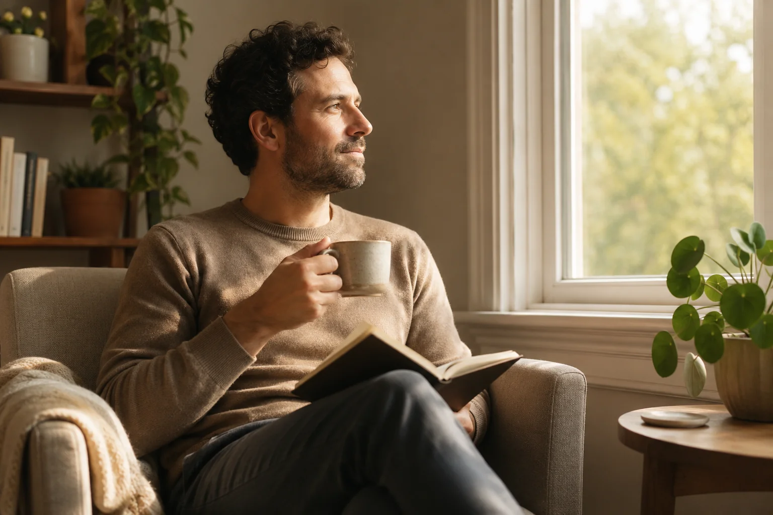 Hombre tomando un té junto a la ventana de su casa por la mañana con gesto de calma y un cuaderno cerca